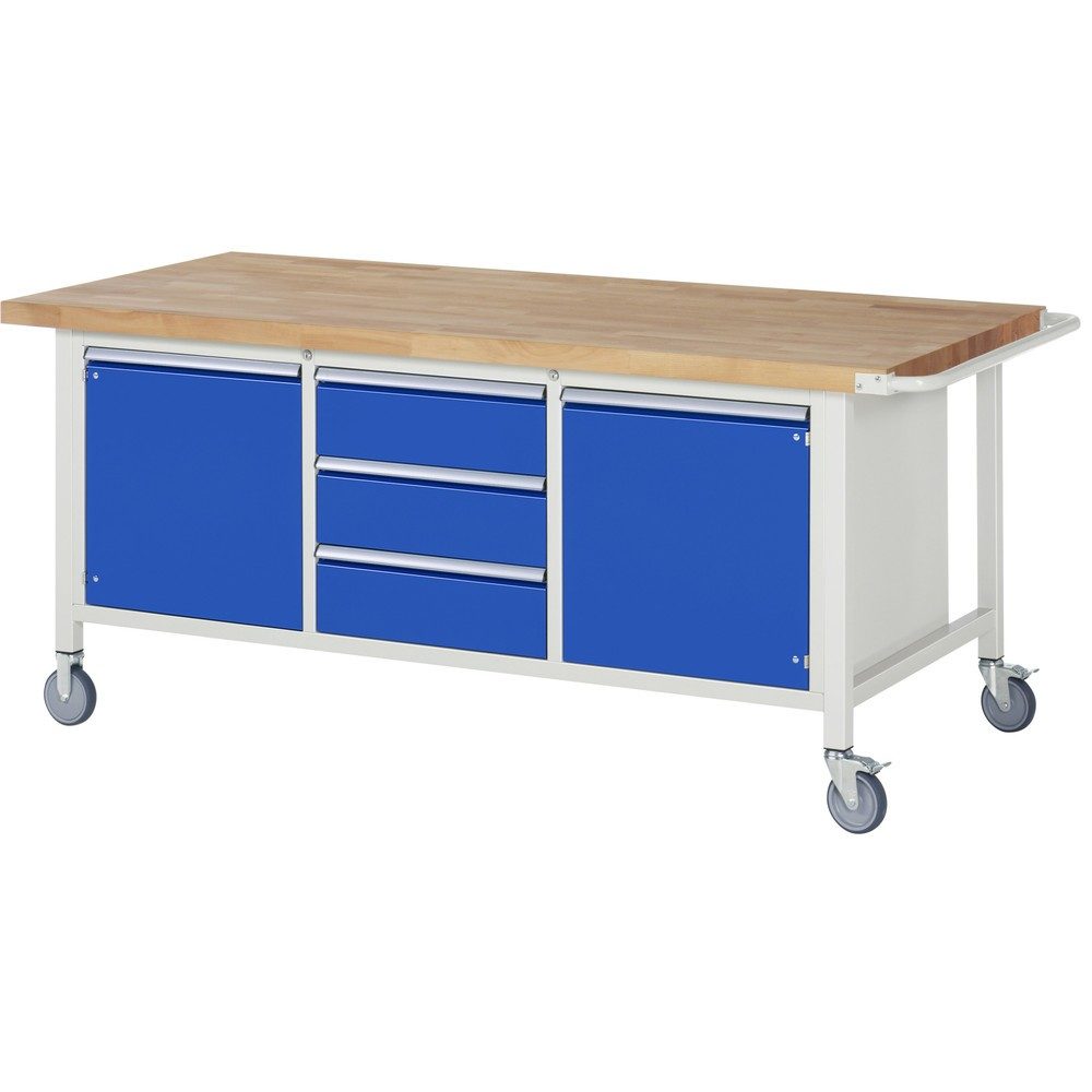 RAU mobile Werkbank Serie 8000, 1 Dreifach-Container, 2 Flügeltüren, HxBxT 880 x 2.000 x 900 mm, 3 x 90%-Auszug-Schubladen, ErgoScript