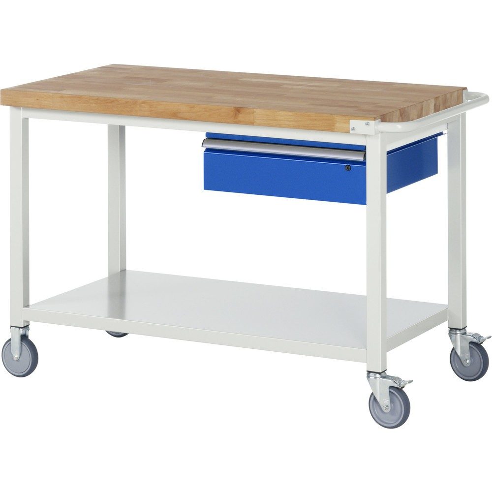 Werkbank Serie 8001, fahrbar, mit Schublade, mit Ablageboden, B 1250 x T 700 x H 880 mm
