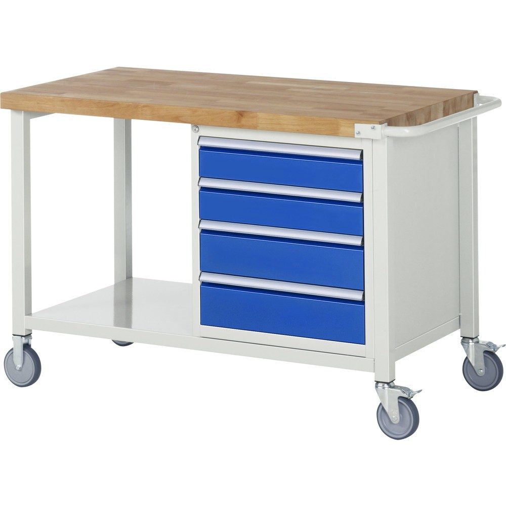 RAU mobile Werkbank Serie 8000, 1 Container, HxBxT 880-1.080 x 1.250 x 700 mm, 4 x 90%-Auszug-Schubladen, Breite 490 mm