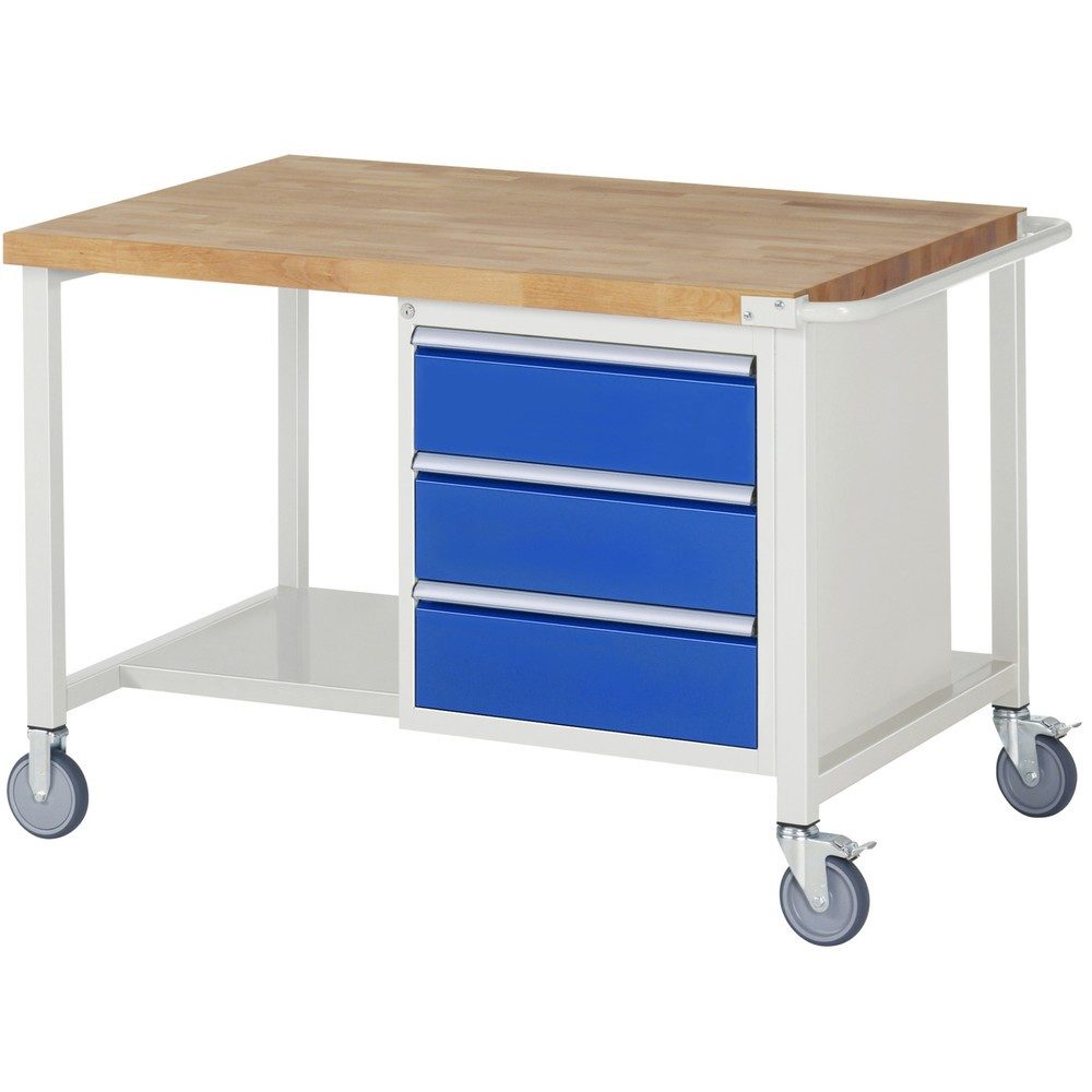RAU mobile Werkbank Serie 8000, 1 Ablageboden, HxBxT 880-1.080 x 1.250 x 900 mm, 3 x 100%-Auszug-Schubladen, Breite 490 mm