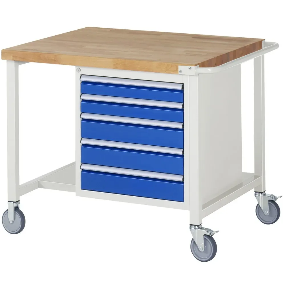 RAU mobile Werkbank Serie 8000, 1 Container, HxBxT 880-1.080 x 1.000 x 900 mm, 5 x 90%-Auszug-Schubladen, Breite 490 mm