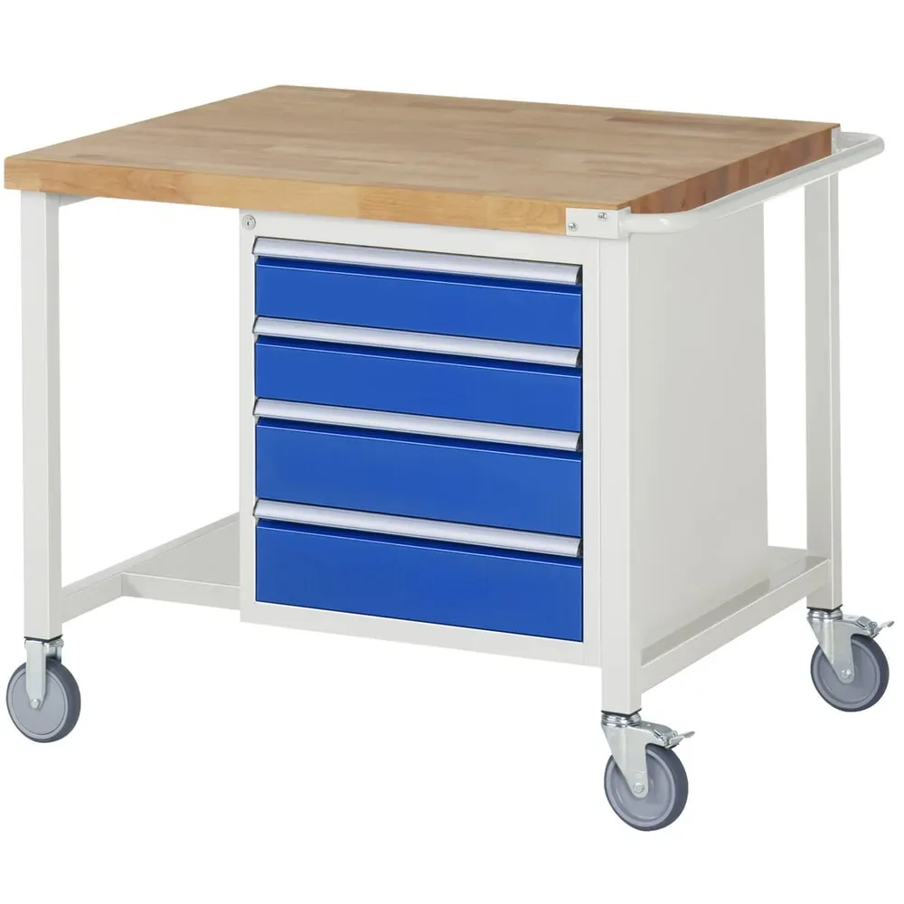 RAU mobile Werkbank Serie 8000, 1 Ablageboden, HxBxT 880-1.080 x 1.000 x 900 mm, 4 x 100%-Auszug-Schubladen, Breite 490 mm