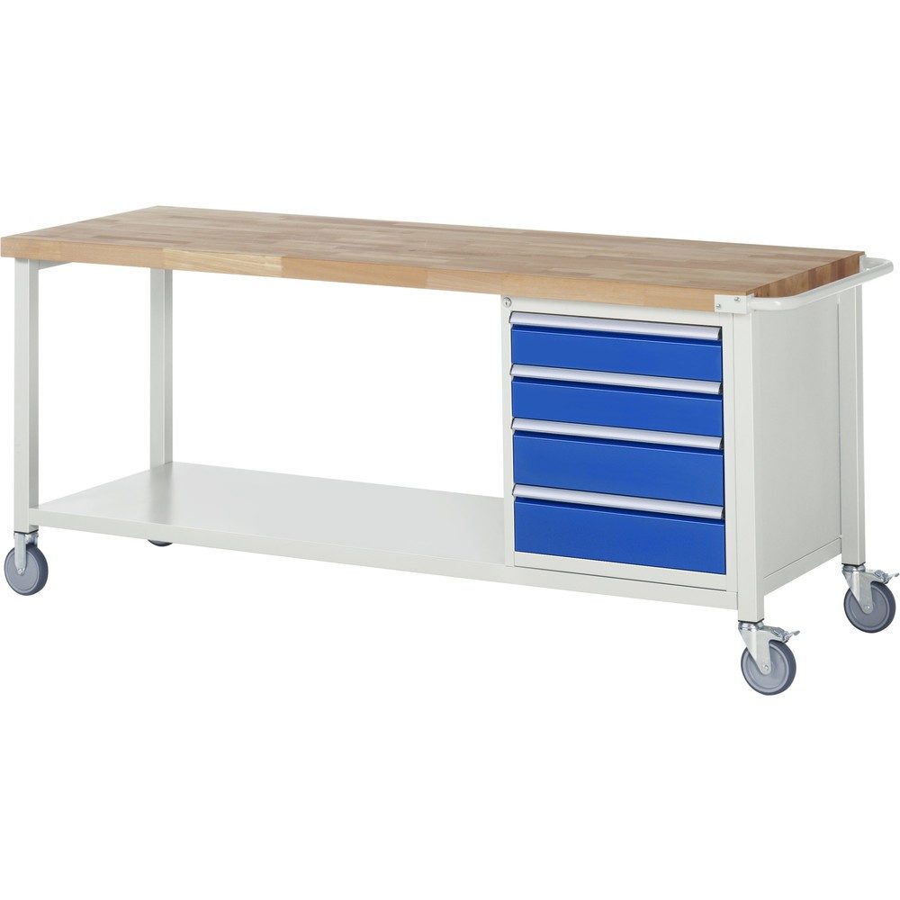 RAU mobile Werkbank Serie 8000, 1 Ablageboden, HxBxT 880-1.080 x 2.000 x 700 mm, 4 x 100%-Auszug-Schubladen, Breite 490 mm
