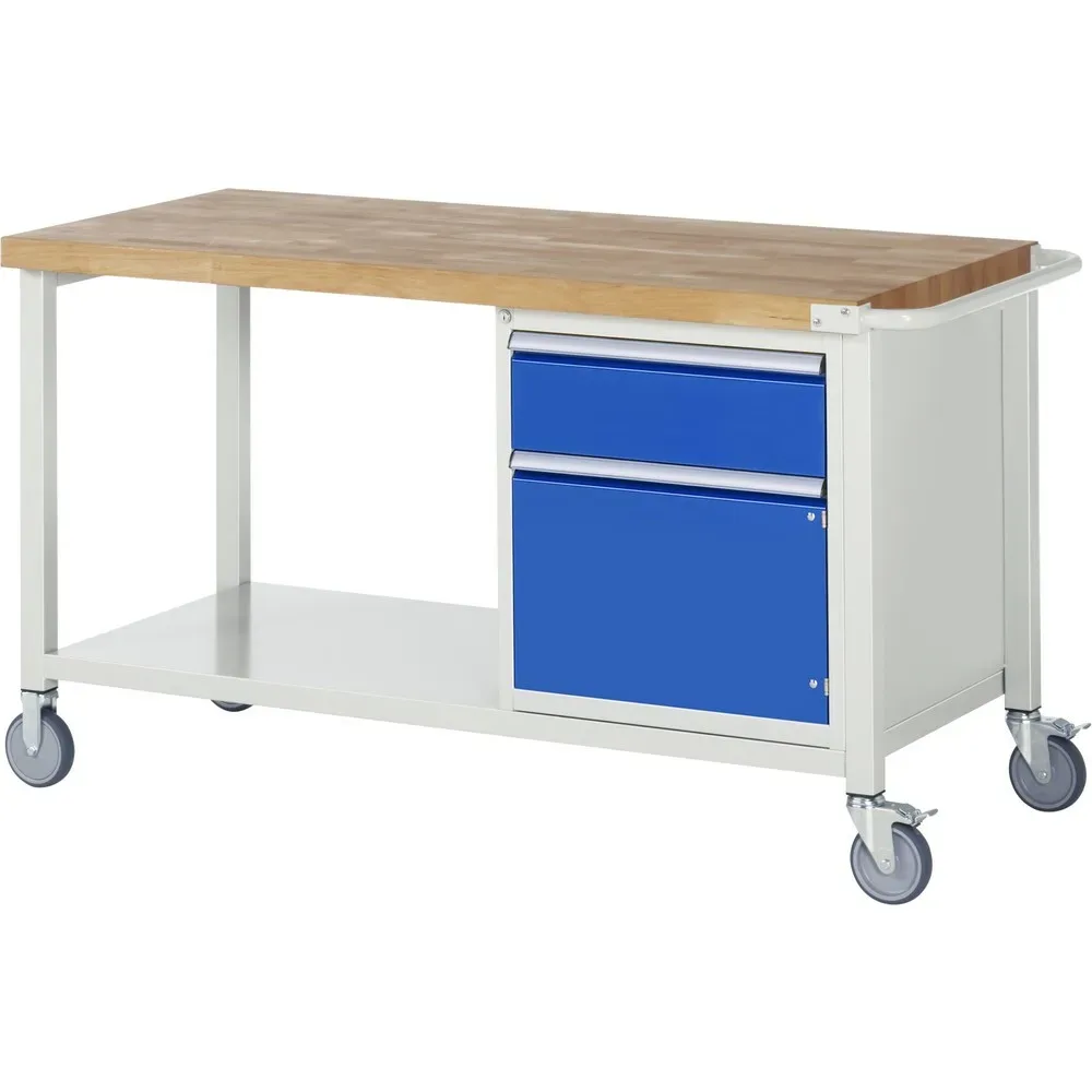 RAU mobile Werkbank Serie 8000, HxBxT 880 x 1.500 x 700 mm, 1 Container, 1 Ablageboden, 1 Flügeltür, 1 x 100%-Auszug-Schublade, ErgoScript