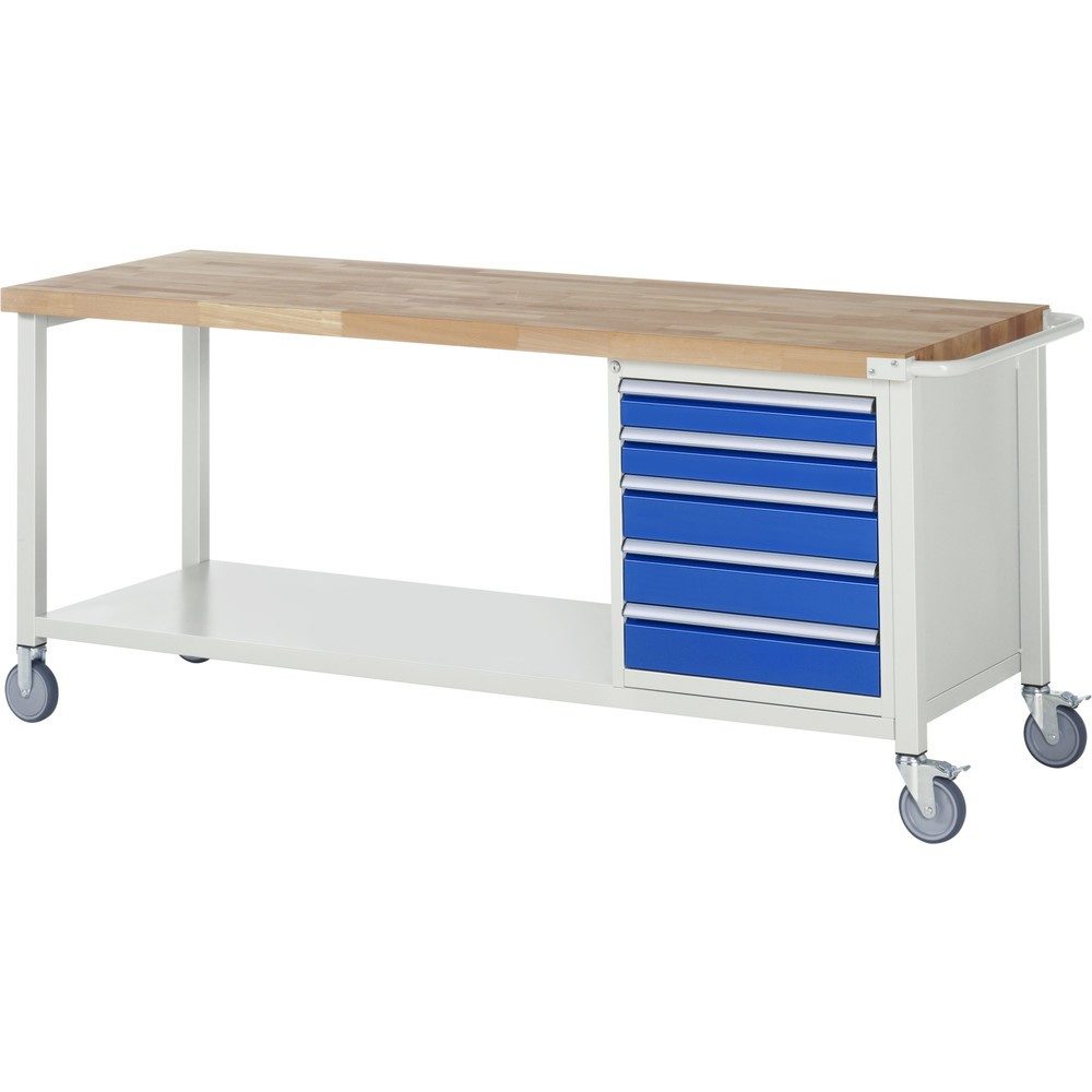 RAU mobile Werkbank Serie 8000, HxBxT 880 x 2.000 x 700 mm, 1 Container, 5 x 90%-Auszug-Schubladen, Breite 490 mm