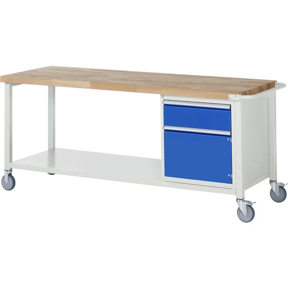 RAU mobile Werkbank Serie 8000, HxBxT 880-1.080 x 2.000 x 700 mm, 1 Container, 1 Flügeltür, 1 x 90%-Auszug-Schublade