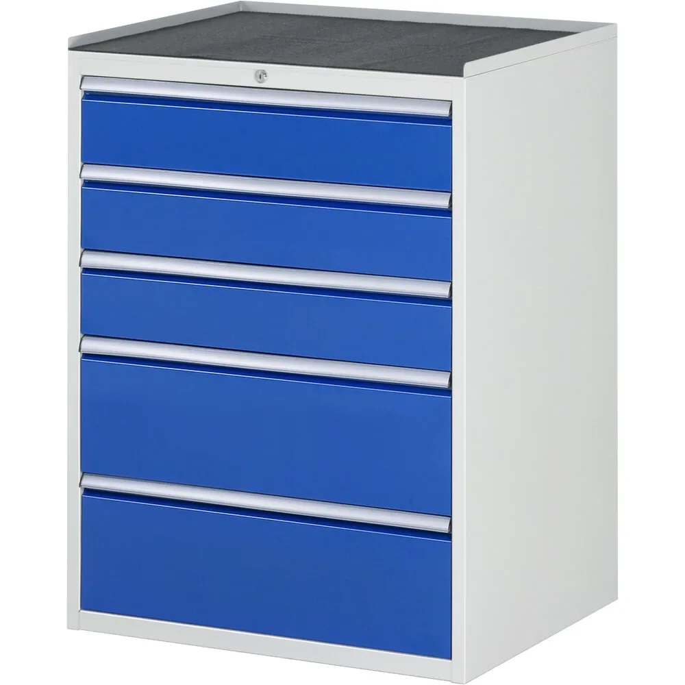 RAU Schubladenschrank Serie 7000, HxBxT 1.035 x 770 x 650 mm, 5 x 100%-Auszug-Schubladen 3 x 150, 2 x 240 mm, Arbeitsplatte Metall