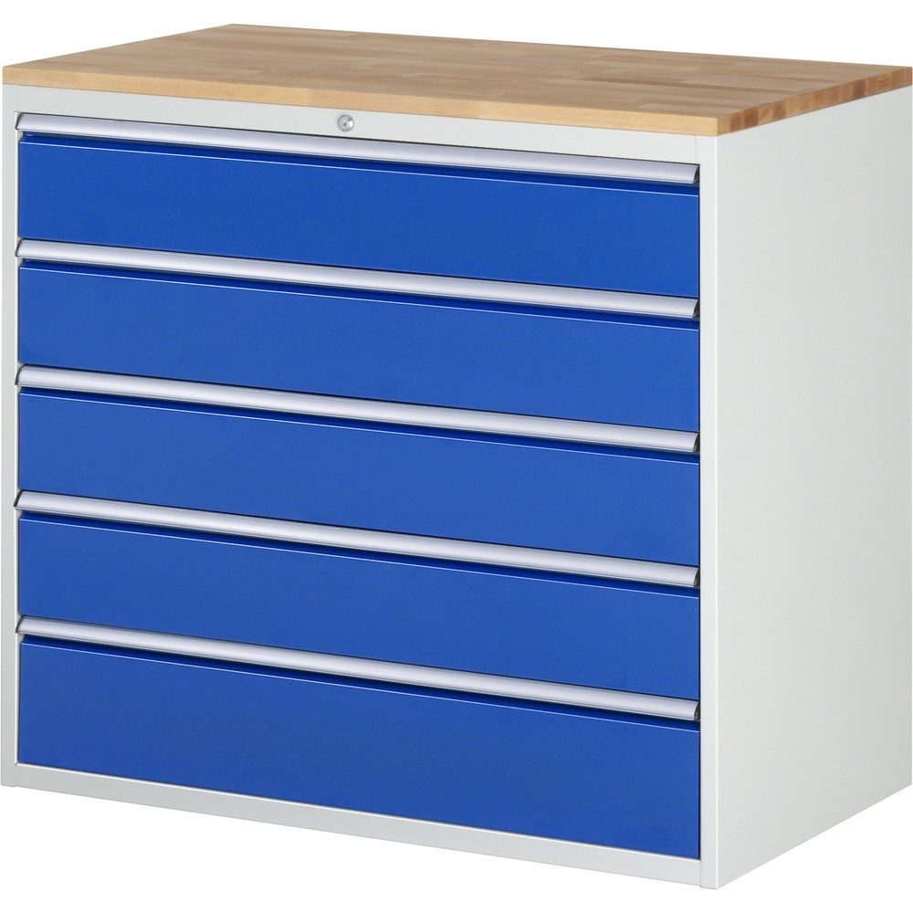 RAU Schubladenschrank Serie 7000, HxBxT 1.035 x 1.145 x 650 mm, 5 x 90%-Auszug-Schubladen 4 x 180, 1 x 210 mm, Arbeitsplatte Buche