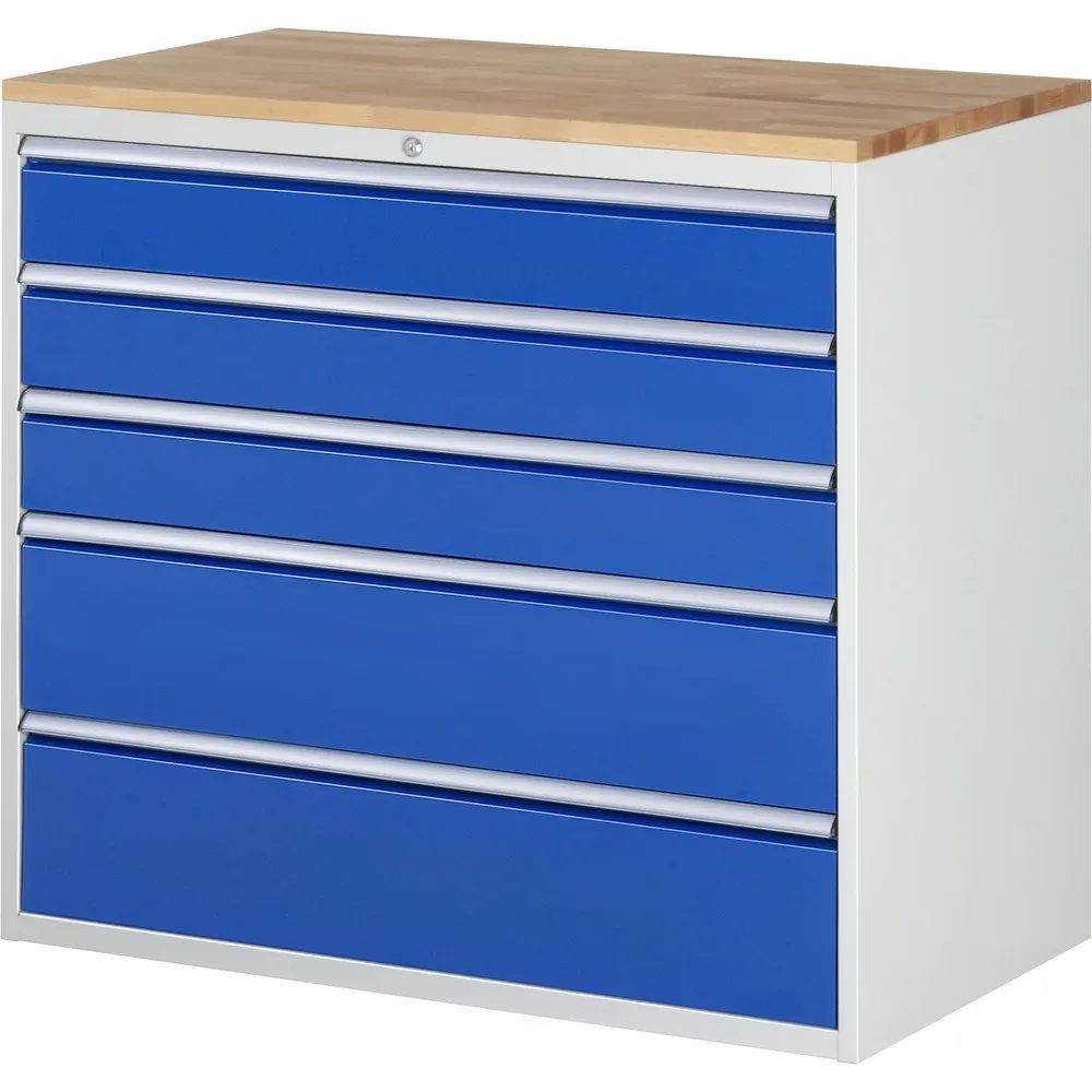 RAU Schubladenschrank Serie 7000, HxBxT 1.035 x 1.145 x 650 mm, 5 x 100%-Auszug-Schubladen 3 x 150, 2 x 240 mm, Arbeitsplatte Buche