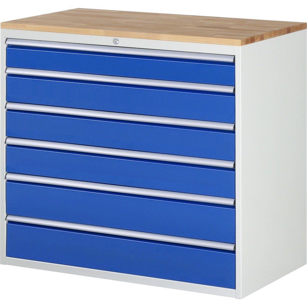 RAU Schubladenschrank Serie 7000, HxBxT 1.035 x 1.145 x 650 mm, 6 x 90%-Auszug-Schubladen 1 x 120, 3 x 150, 2 x 180 mm, Arbeitsplatte Buche