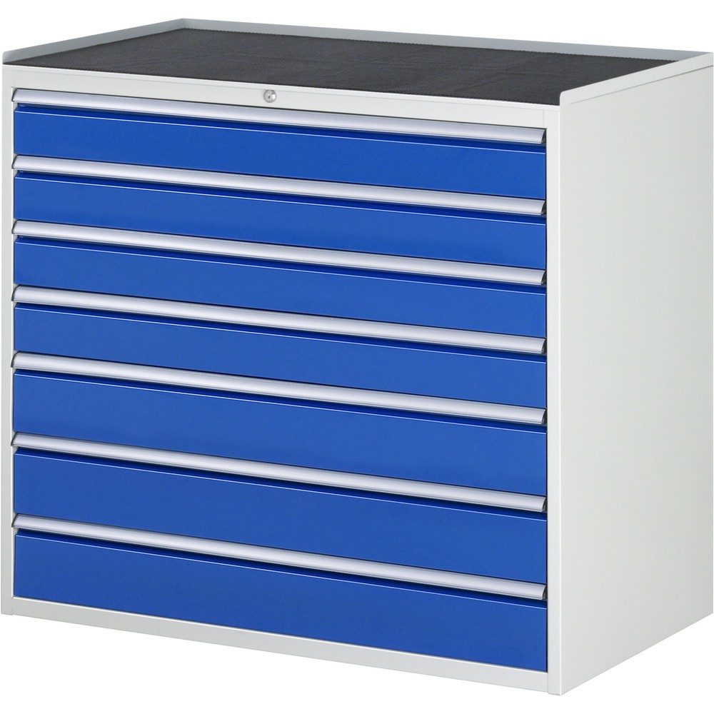 RAU Schubladenschrank Serie 7000, HxBxT 1.035 x 1.145 x 650 mm, 7 x 100%-Auszug-Schubladen 4 x 120, 3 x 150 mm, Arbeitsplatte Metall
