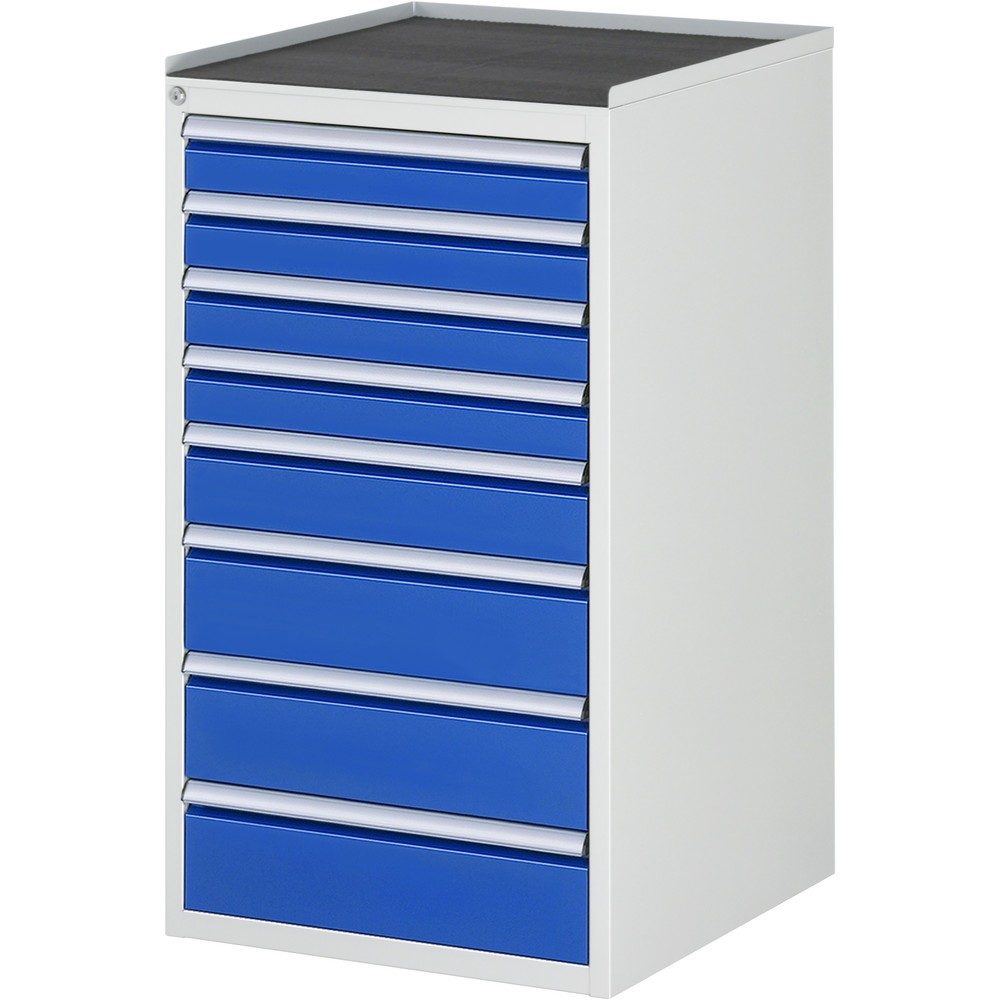 RAU Schubladenschrank Serie 7000, HxBxT 1.035 x 580 x 650 mm, 8 x 100%-Auszug-Schubladen 4 x 90, 1 x 120, 3 x 150 mm, Arbeitsplatte Metall