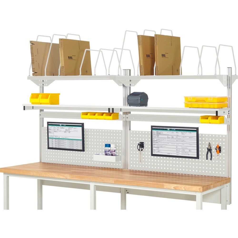 RAU Werkbank-Aufbau, HxBxT 1.130 x 2.500 x 350 mm, mit 2 Etagenboards, 2 Halteschienen und 2 Flachbildschirmhalter, Komplettset 03 für Produktbreite 2.500 mm