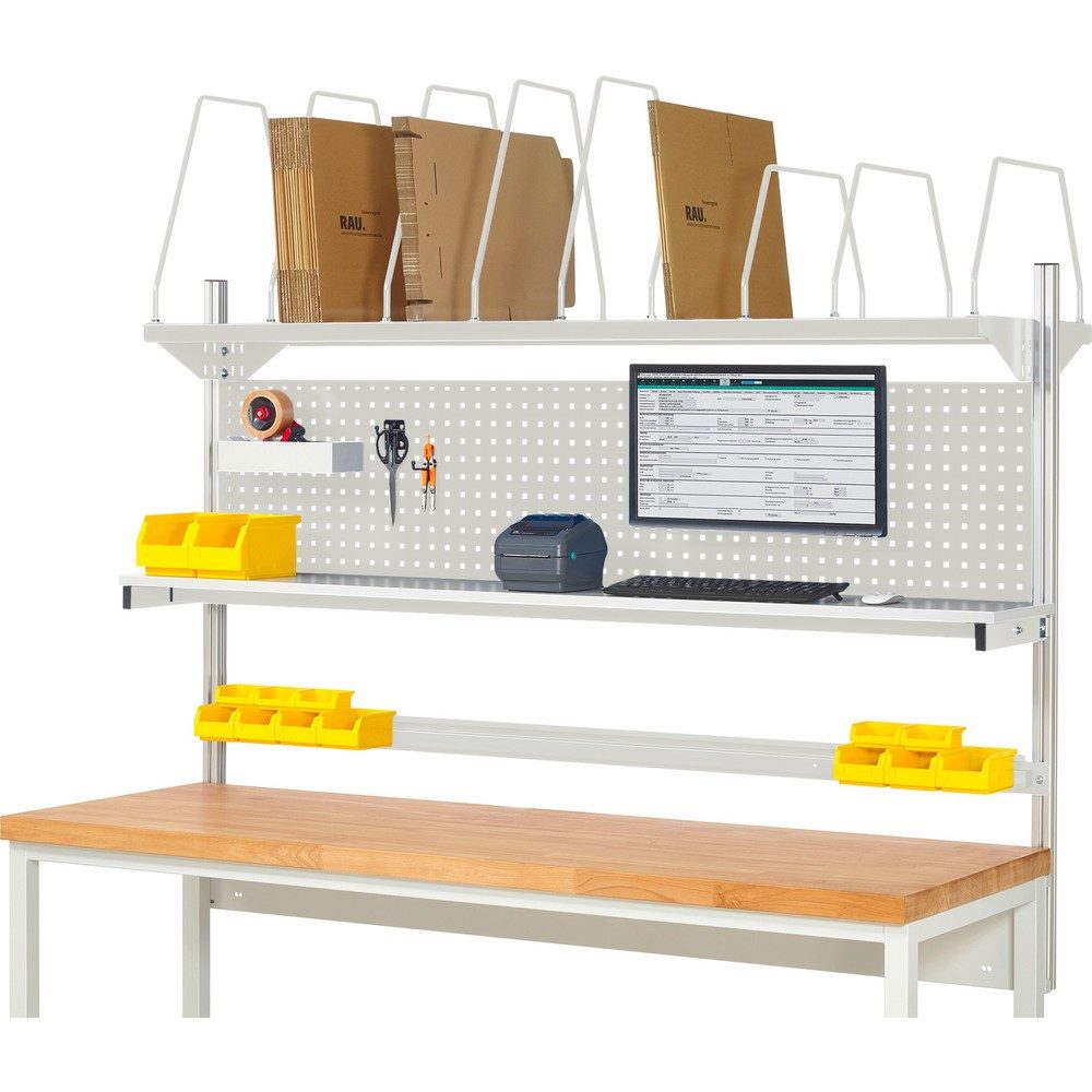 RAU Werkbank-Aufbau, HxBxT 1.130 x 2.000 x 350 mm, mit 1 Etagenboard, 1 Halteschiene und 1 Flachbildschirmhalter, Komplettset 03 für Produktbreite 1.500 mm