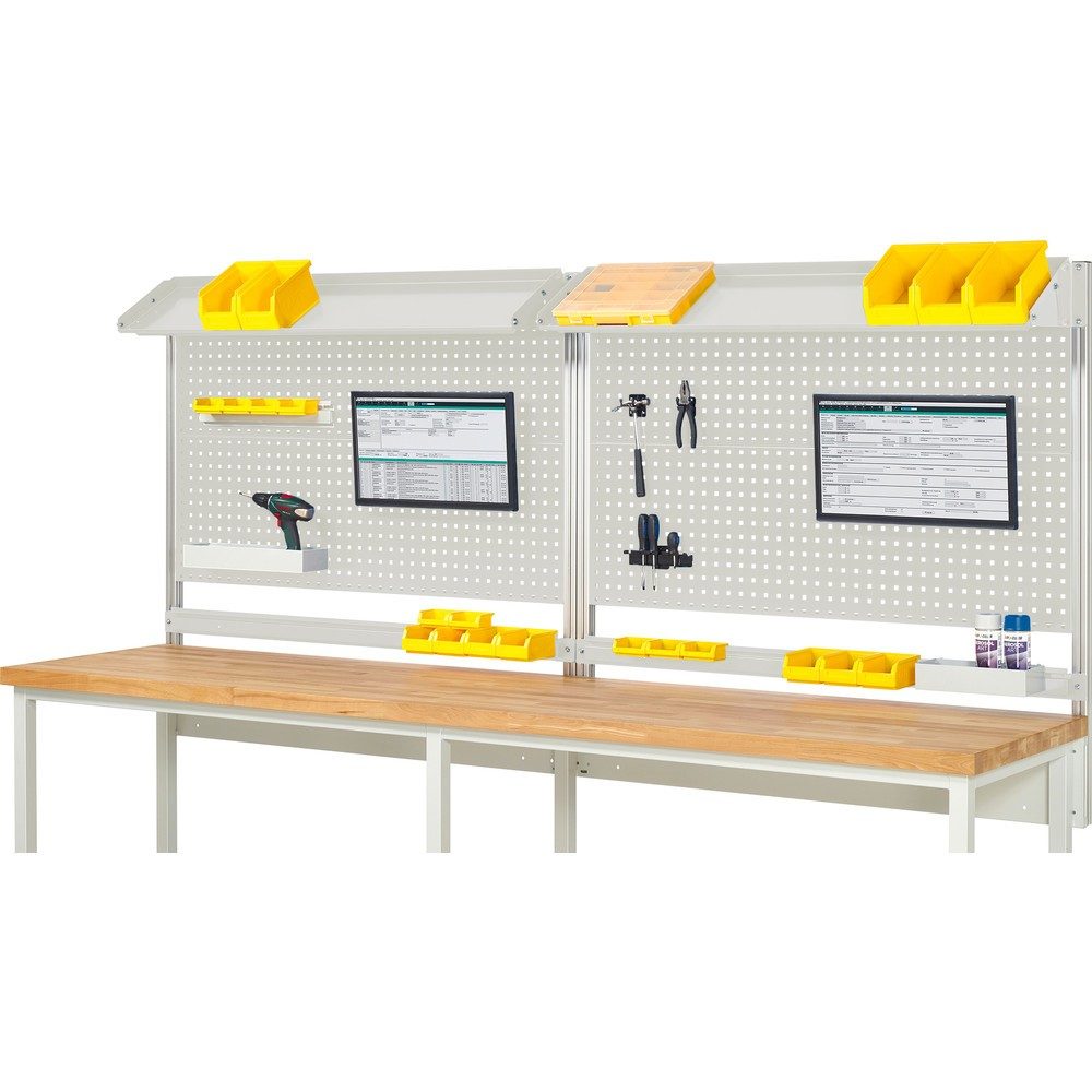 RAU Werkbank-Aufbau, HxBxT 1.130 x 3.000 x 350 mm, mit 2 neigbaren Metallablagen, 2 Halteschienen und 2 Flachbildschirmhalter, Komplettset 02 für Produktbreite 3.000 mm