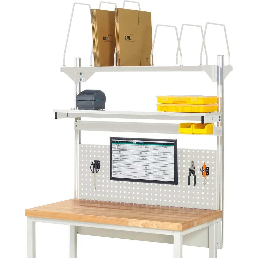 RAU Werkbank-Aufbau, HxBxT 1.130 x 1.250 x 350 mm, mit 1 Etagenboard, 1 Halteschiene und 1 Flachbildschirmhalter, Komplettset 03 für Produktbreite 1.250 mm
