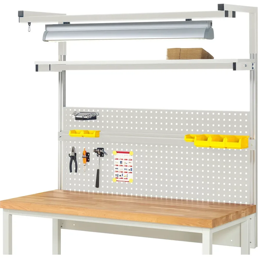 RAU Werkbank-Aufbau, HxBxT 1.380 x 1.500 x 350 mm, mit 1 Etagenboard, 1 Halteschiene, 1 Auslegerpaar und 1 Leuchte, Komplettset 04 für Produktbreite 1.500 mm