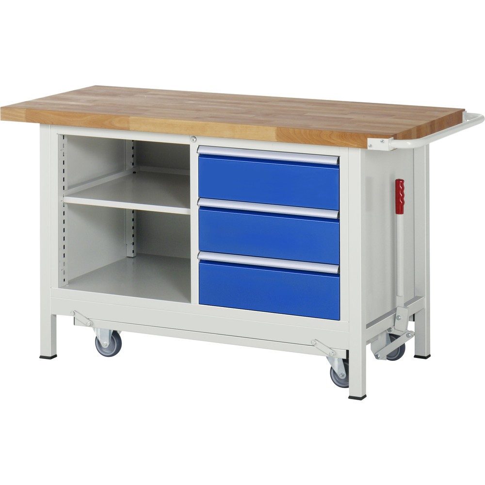 RAU Werkbank Serie 8000 mit absenkbarem Fahrgestell, 1 Doppel-Container, HxBxT 880 x 1.500 x 700 mm, 1 Fachboden, 3 x 100%-Auszug-Schubladen