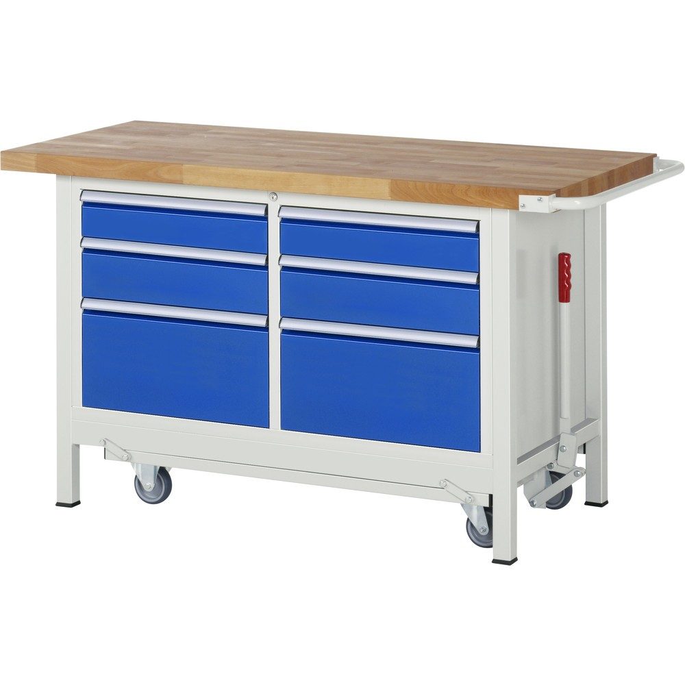 RAU Werkbank Serie 8000 mit absenkbarem Fahrgestell, 1 Doppel-Container, HxBxT 880 x 1.500 x 700 mm, 6 x 100%-Auszug-Schubladen 2 x 120 mm, 2 x 150 mm, 2 x 270 mm