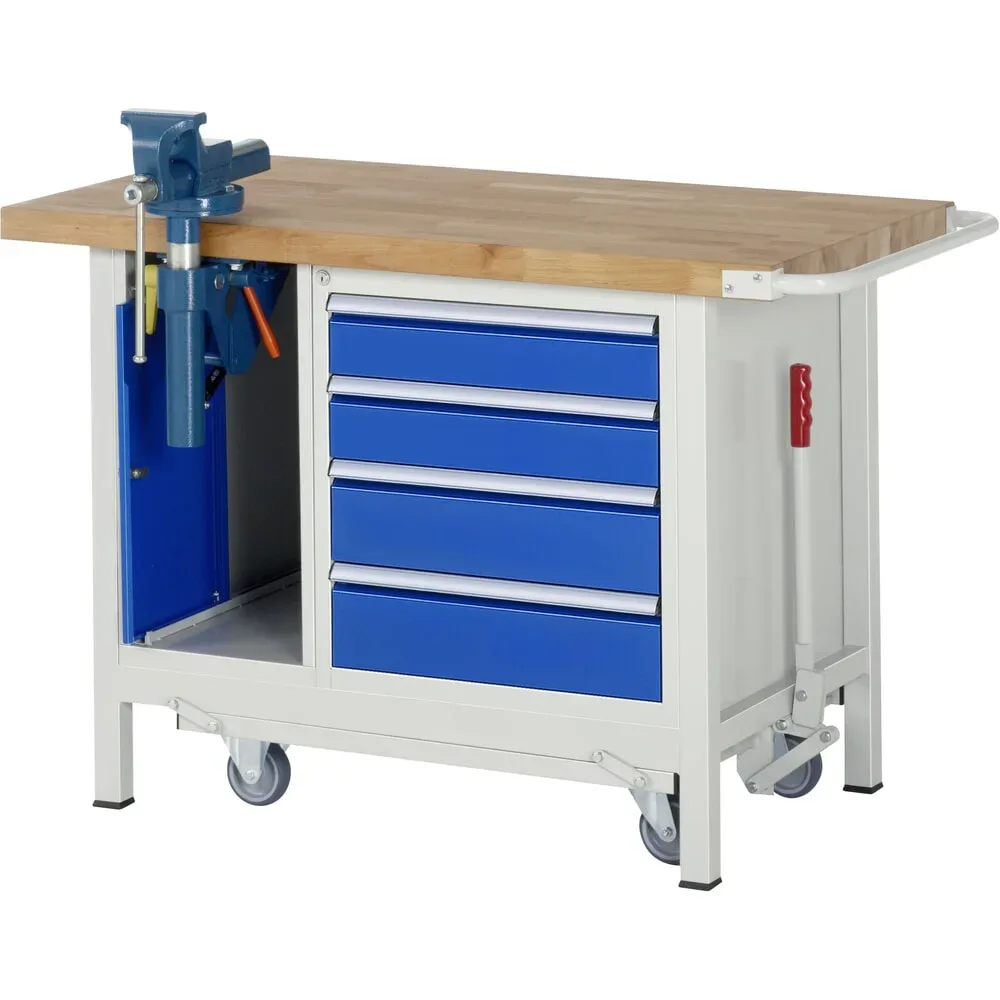 RAU Werkbank Serie 8000 mit absenkbarem Fahrgestell, 2 Container, HxBxT 880 x 1.250 x 700 mm, 4 x 100% Auszugs-Schubladen, Schraubstock