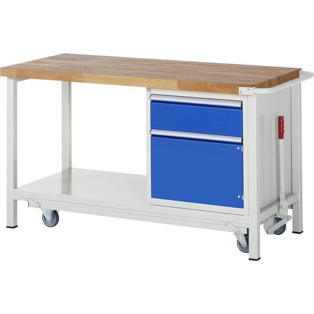 RAU Werkbank Serie 8000 mit absenkbarem Fahrgestell, 1 Container, 1 Ablageboden, HxBxT 880 x 1.250 x 700 mm, 1 x 90%-Auszug-Schubladen, 1 Flügeltür, ErgoScript
