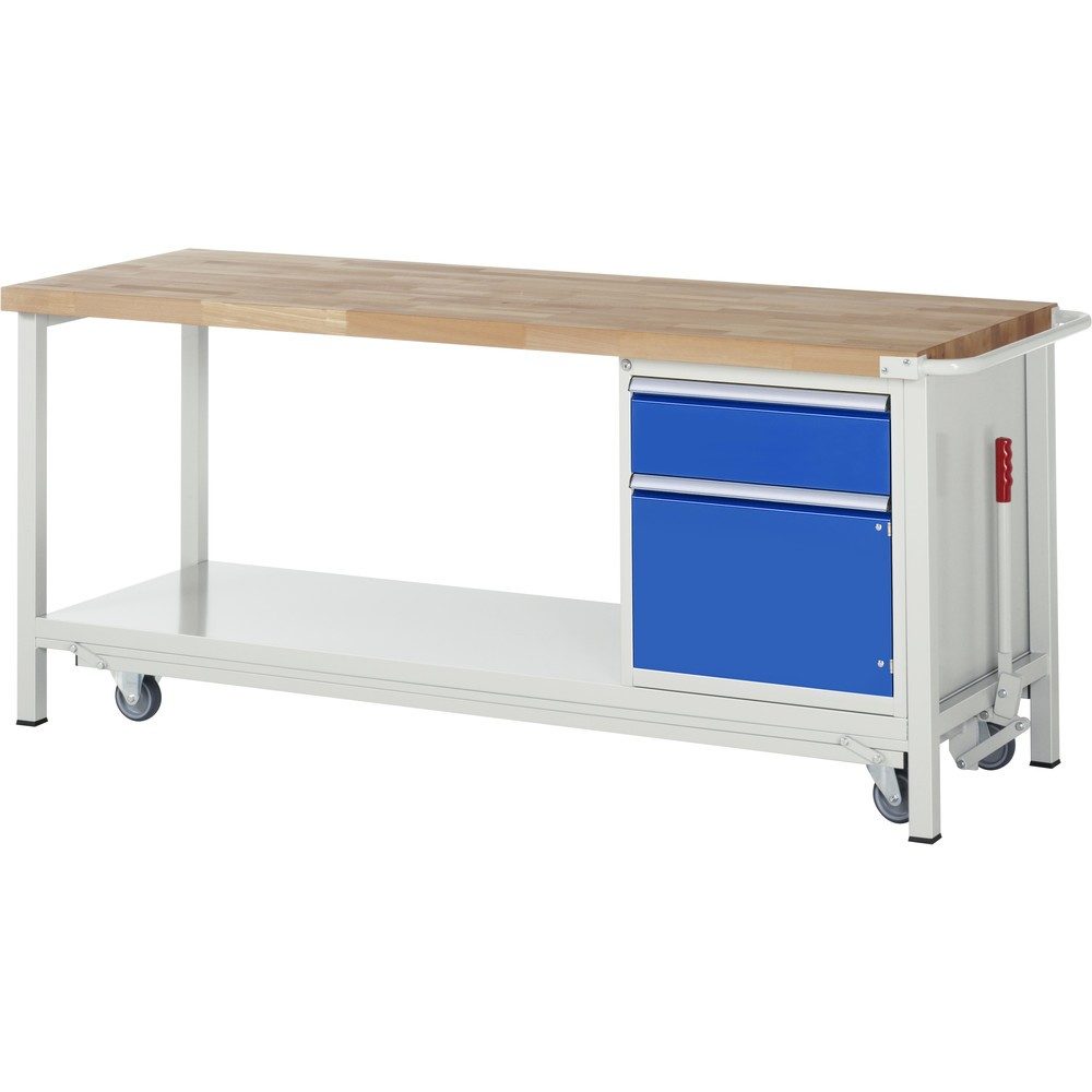 RAU Werkbank Serie 8000 mit absenkbarem Fahrgestell, 1 Container, 1 Ablageboden, HxBxT 880 x 2.000 x 700 mm, 1 x 100%-Auszug-Schubladen, 1 Flügeltür, ErgoScript