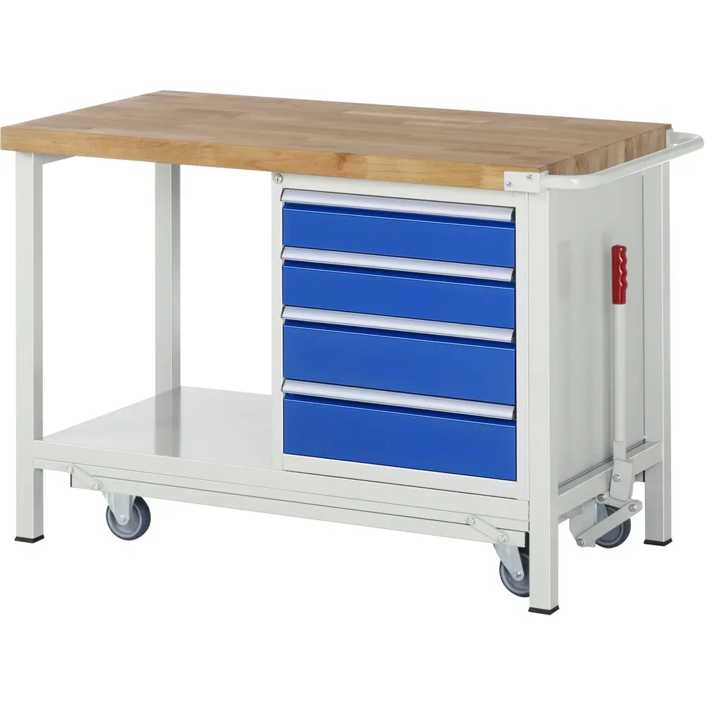 RAU Werkbank Serie 8000 mit absenkbarem Fahrgestell, 1 Container, 1 Ablageboden, HxBxT 880 x 1.250 x 700 mm, 4 x 100%-Auszug-Schubladen, Breite 490 mm