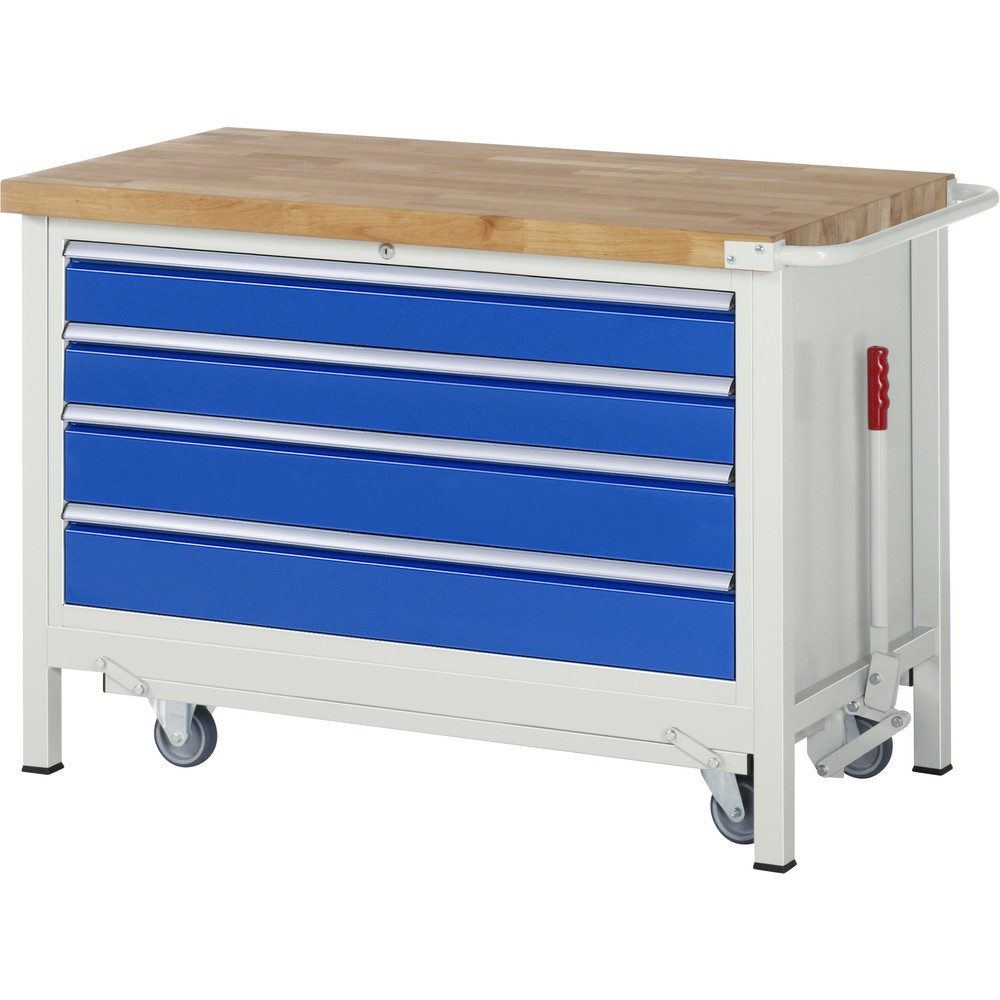 RAU Werkbank Serie 8000 mit absenkbarem Fahrgestell, 1 Container, HxBxT 880 x 1.250 x 700 mm, 4 x 90%-Auszug-Schubladen, Breite 1.055 mm