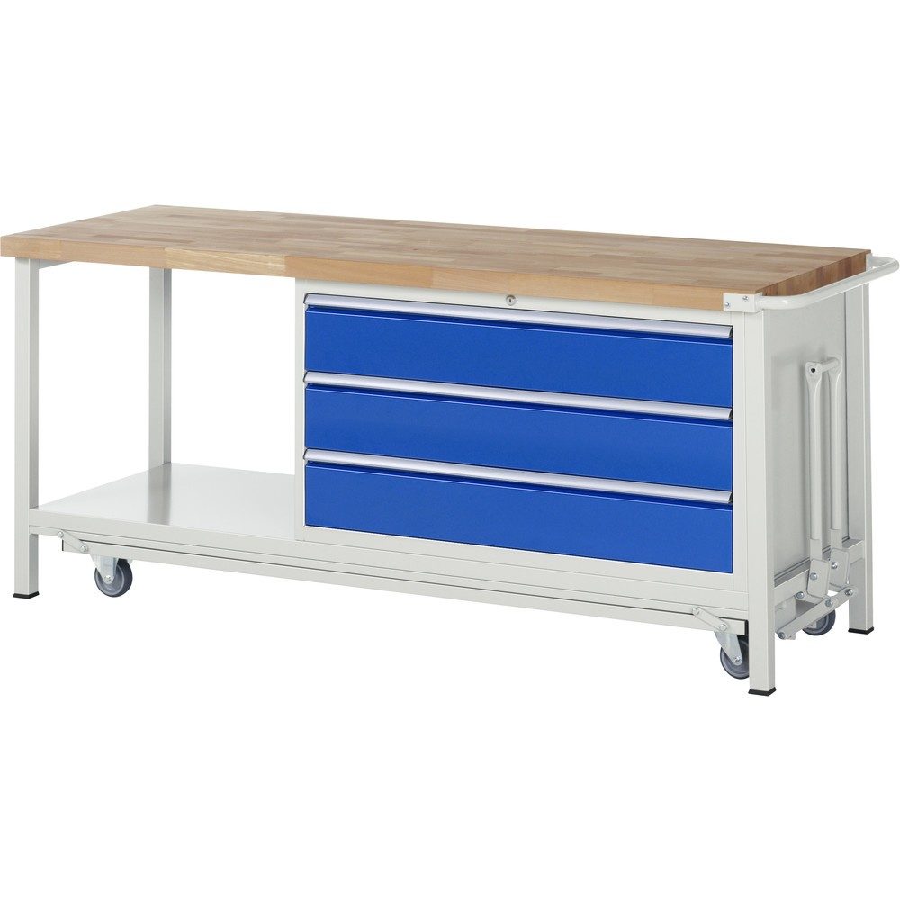 RAU Werkbank Serie 8000 mit absenkbarem Fahrgestell, 1 Container, 1 Ablageboden, HxBxT 880 x 2.000 x 700 mm, 3 x 100%-Auszug-Schubladen, Breite 1.055 mm, ErgoScript
