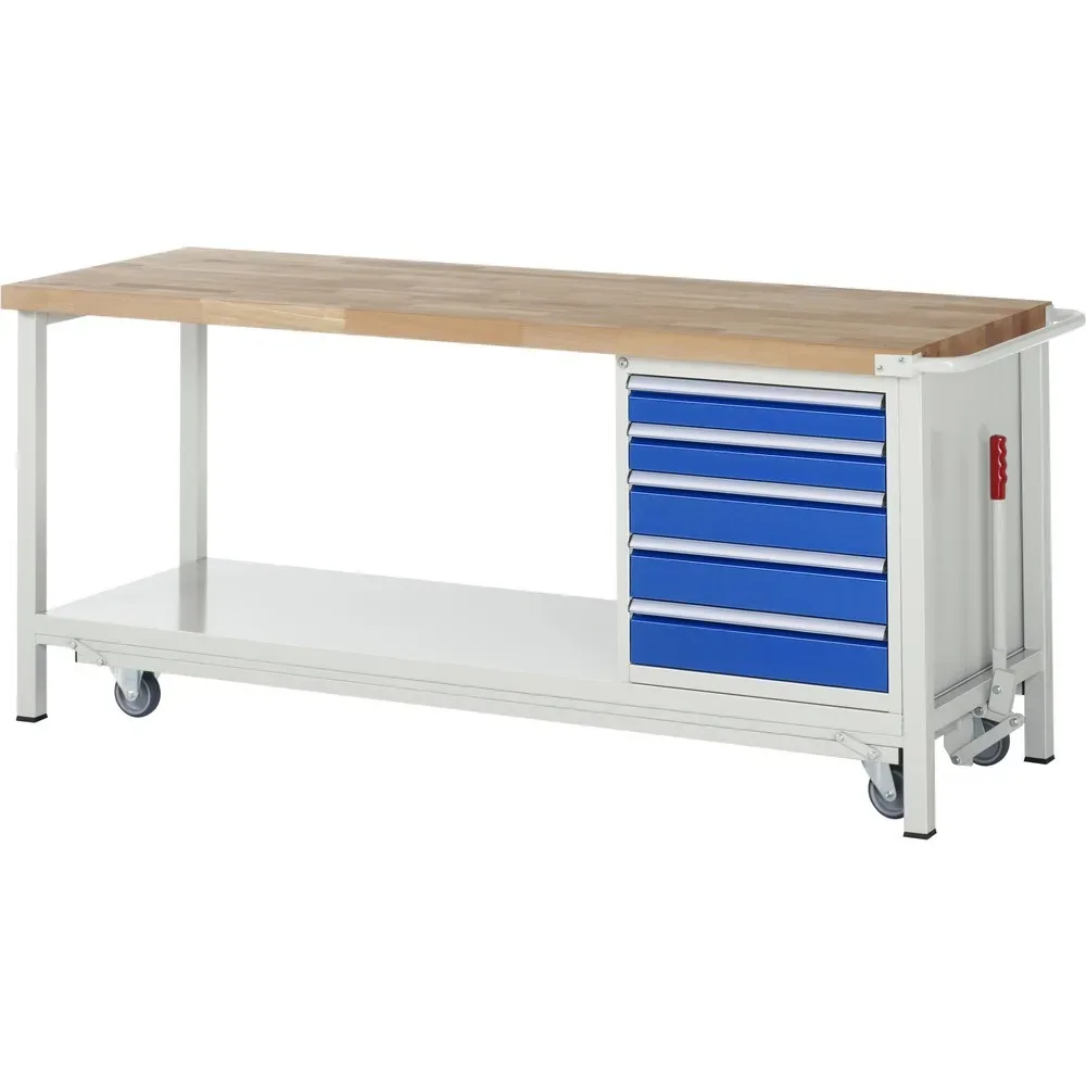 RAU Werkbank Serie 8000 mit absenkbarem Fahrgestell, 1 Container, 1 Ablageboden, HxBxT 880 x 2.000 x 700 mm, 5 x 100%-Auszug-Schubladen, Breite 490 mm