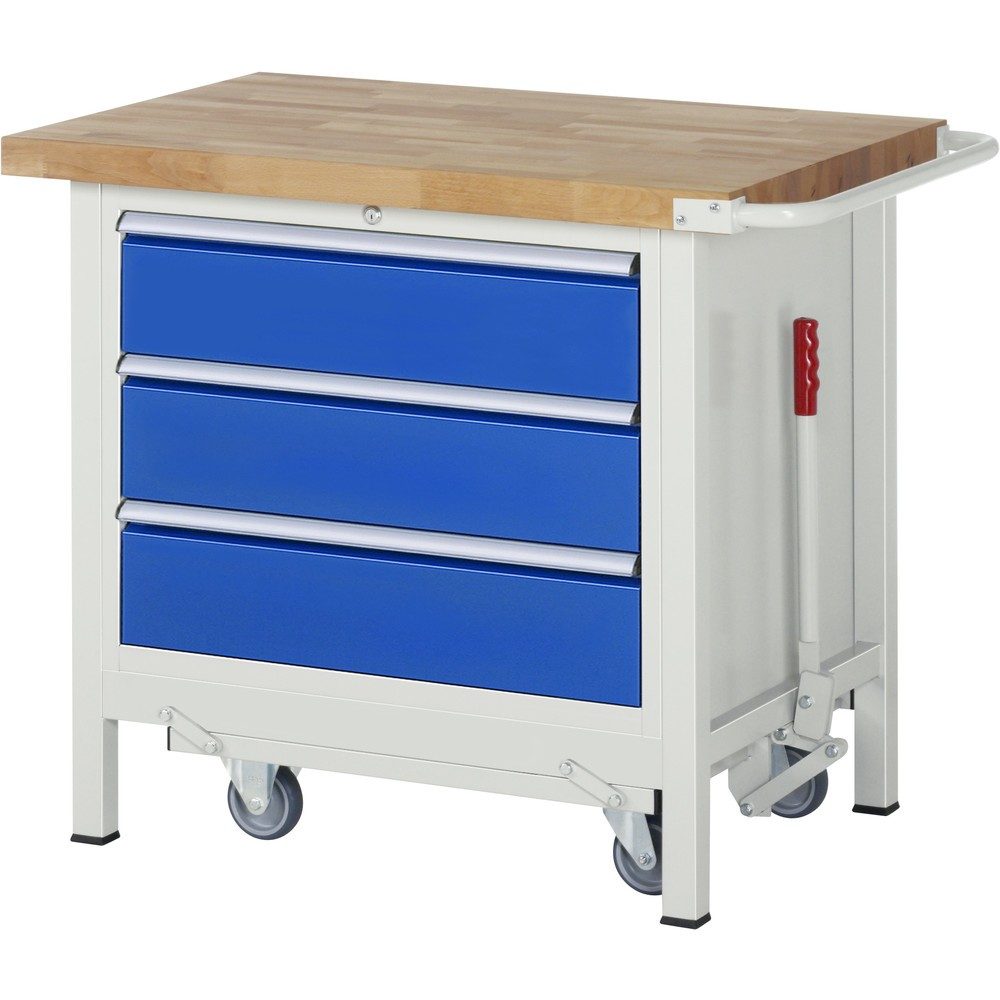 RAU Werkbank Serie 8000 mit absenkbarem Fahrgestell, 1 Container, HxBxT 880 x 1.000 x 700 mm, 3 x 100%-Auszug-Schubladen, Breite 680 mm, ErgoScript