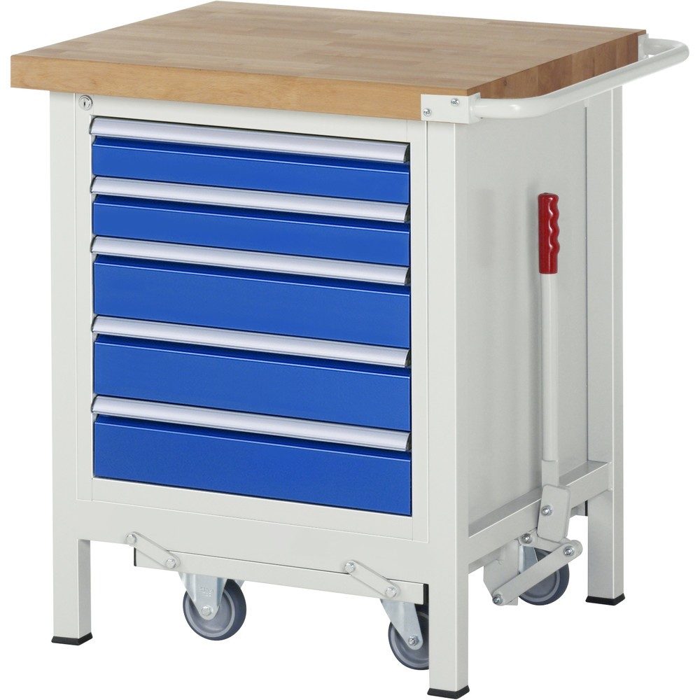 RAU Werkbank Serie 8000 mit absenkbarem Fahrgestell, 1 Container, HxBxT 880 x 750 x 700 mm, 5 x 100%-Auszug-Schubladen, Breite 490 mm