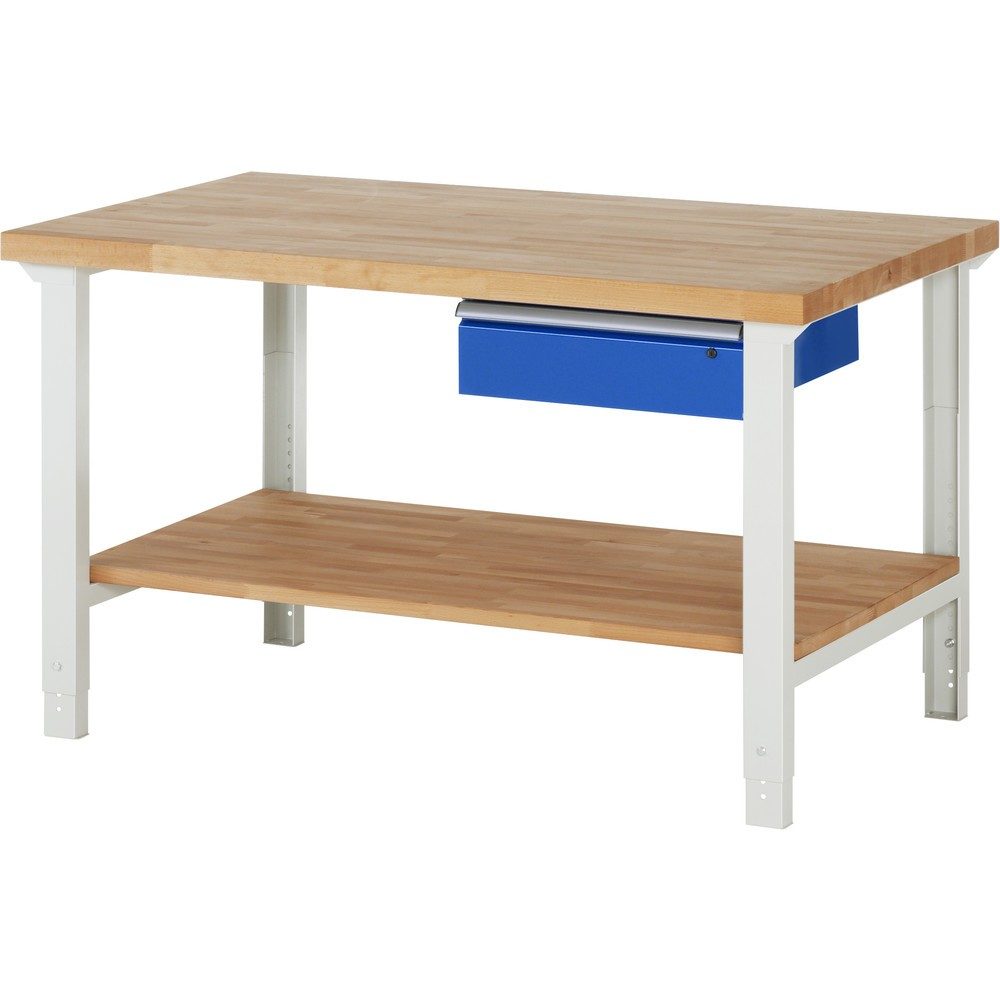 RAU Werkbank Serie 7000, HxBxT 790-1.140 x 1.500 x 900 mm, 1 Ablageboden, 1 Schublade, ErgoScript