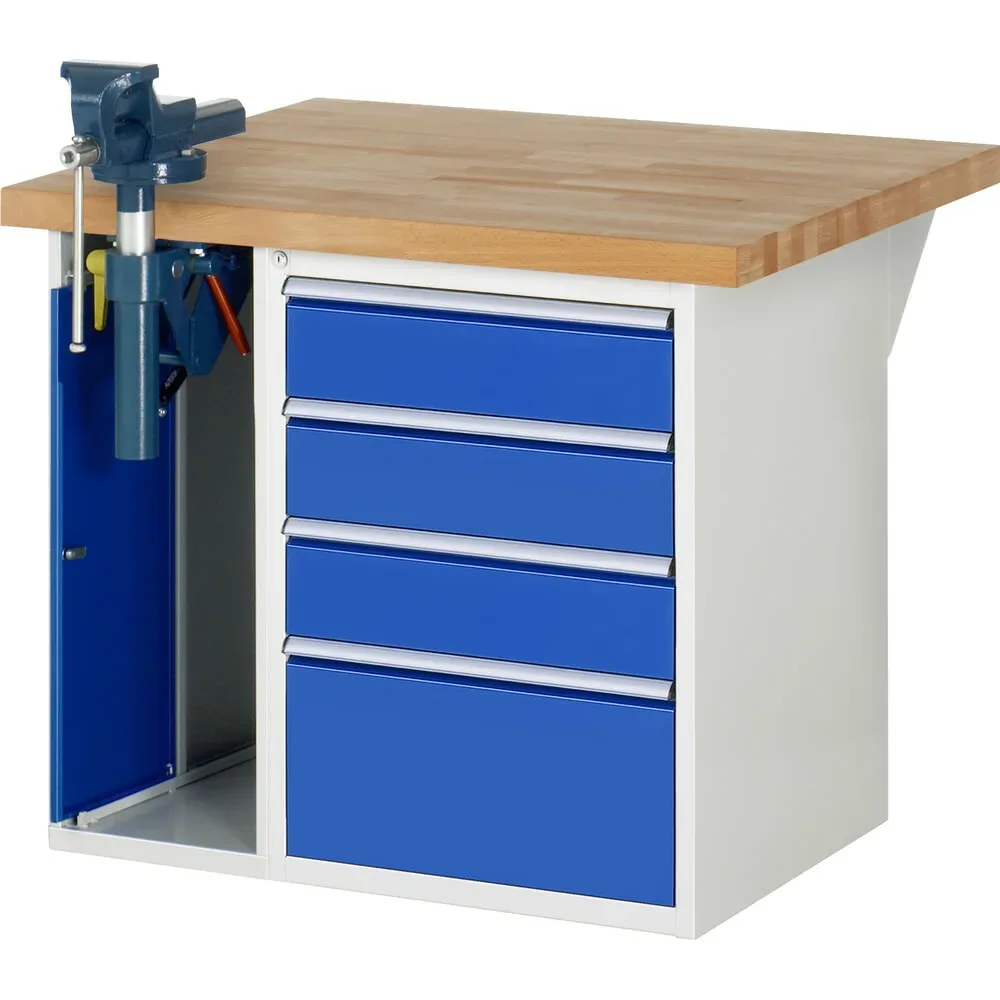 RAU Werkbank Serie 7000, 2 Container, SchraubstockHxBxT 890 x 1.000 x 900 mm, 4 x 100%-Auszug-Schubladen, Schubladen-TK 100 kg