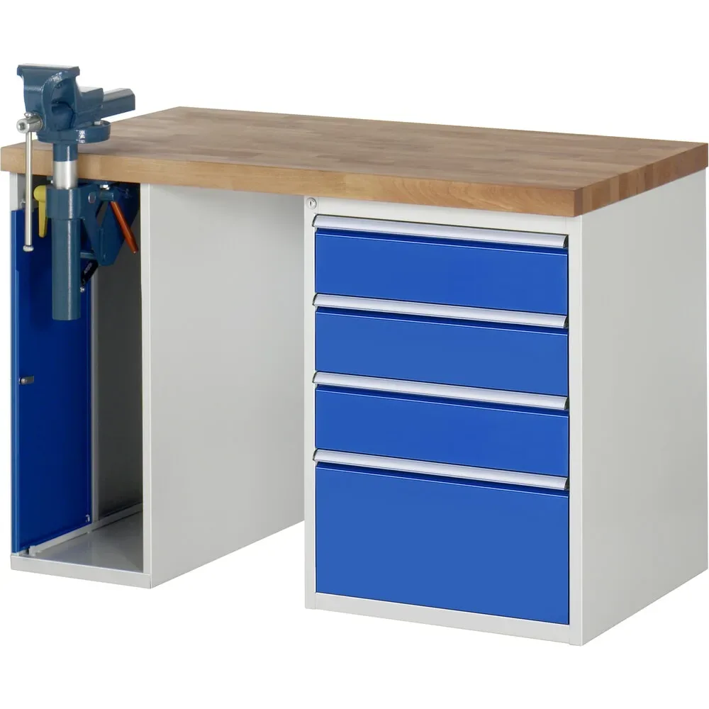 RAU Werkbank Serie 7000, 2 Container, SchraubstockHxBxT 890 x 1.250 x 700 mm, 4 x 100%-Auszug-Schubladen, Schubladen-TK 100 kg
