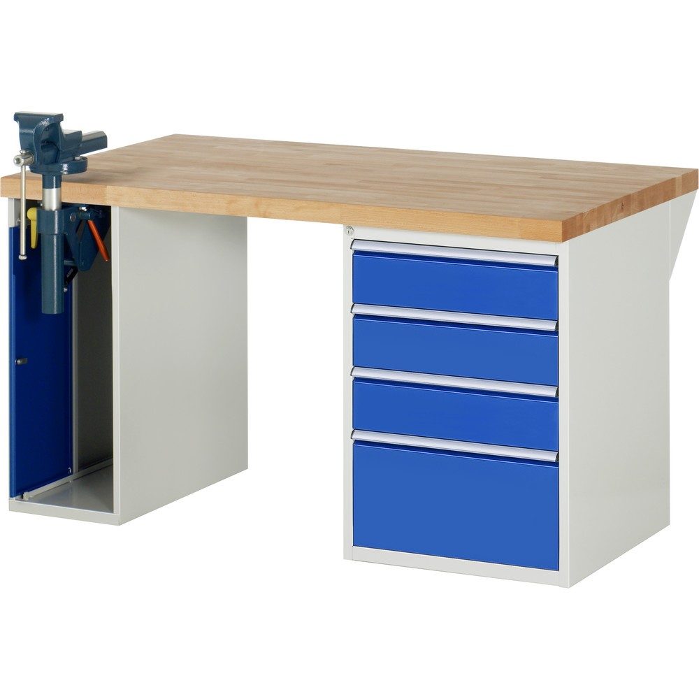RAU Werkbank Serie 7000, 2 Container, SchraubstockHxBxT 890 x 1.500 x 900 mm, 4 x 100%-Auszug-Schubladen, Schubladen-TK 100 kg