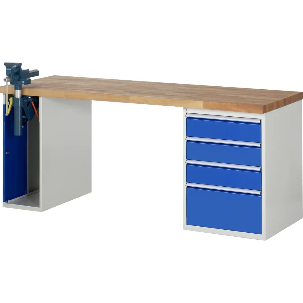RAU Werkbank Serie 7000, 2 Container, SchraubstockHxBxT 890 x 2.000 x 700 mm, 4 x 90%-Auszug-Schubladen, Schubladen-TK 100 kg