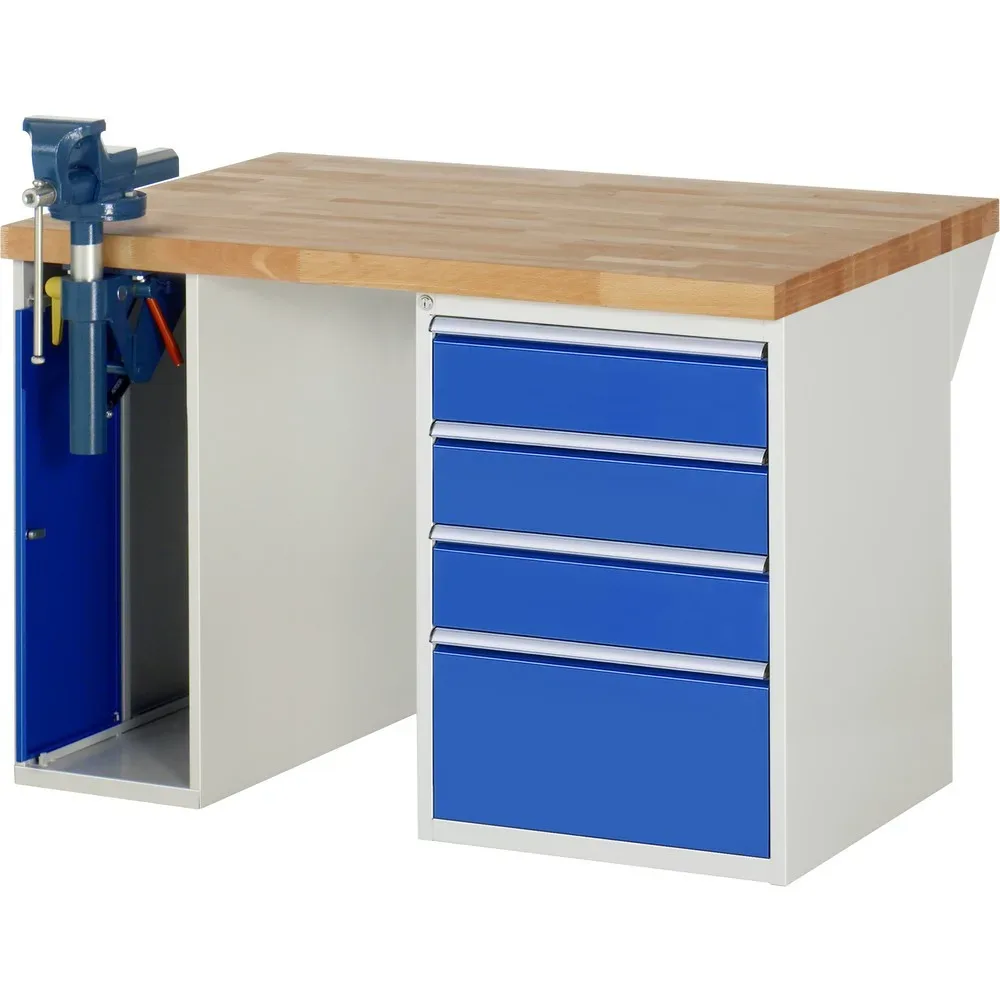 RAU Werkbank Serie 7000, 2 Container, SchraubstockHxBxT 890 x 1.250 x 900 mm, 4 x 90%-Auszug-Schubladen, Schubladen-TK 100 kg