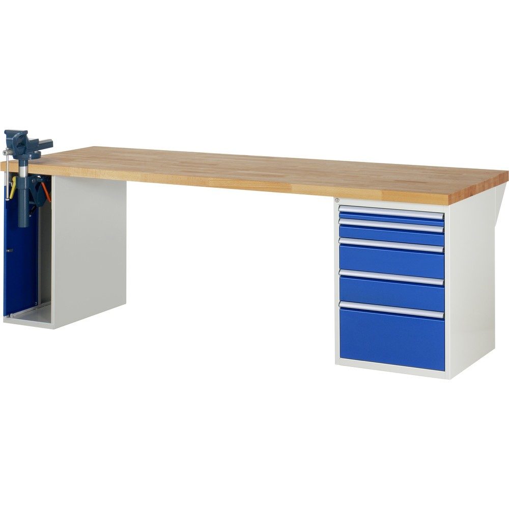 RAU Werkbank Serie 7000, 2 Container, HxBxT 840 x 2.500 x 900 mm, 5 Schubladen 1 x 60 mm, 1 x 90 mm, 2 x 150 mm, 1 x 270 mm