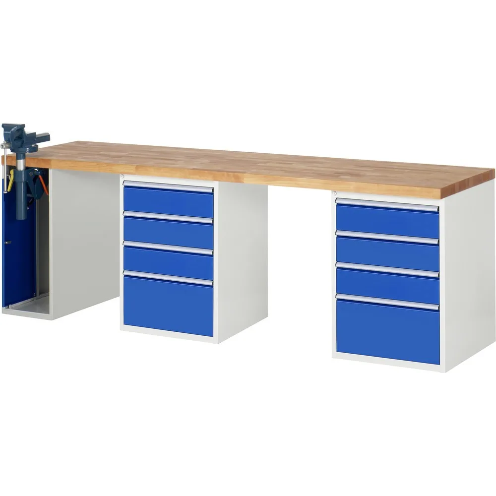 RAU Werkbank Serie 7000, 3 Container, HxBxT 890 x 2.500 x 700 mm, 8 x 100%-Auszug-Schubladen, 1 Schraubstock links