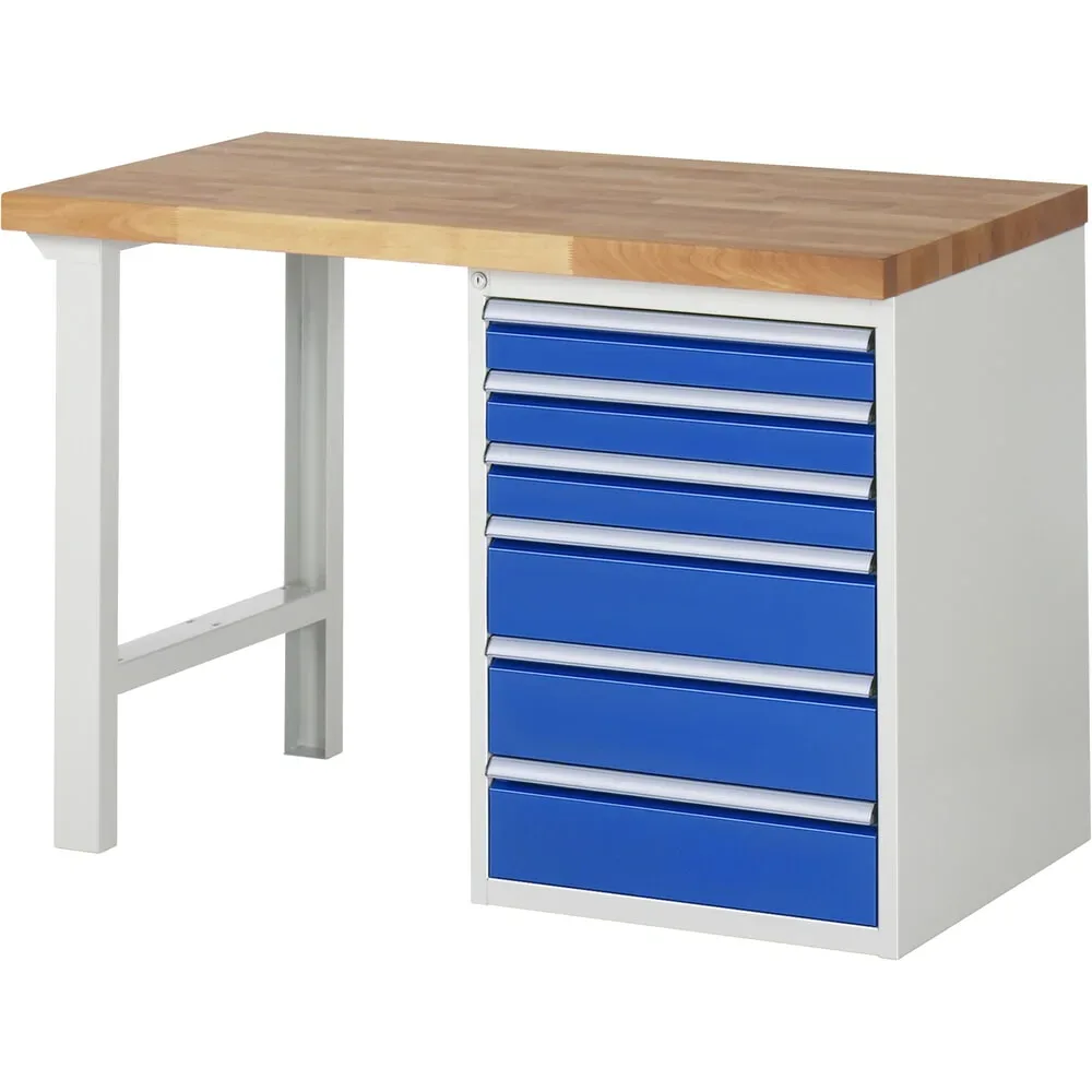 RAU Werkbank Serie 7000, 1 Container, HxBxT 890 x 1.250 x 700 mm, 6 x 90%-Auszug-Schubladen 3 x 90, 3 x 150 mm, Schubladen-TK 100 kg