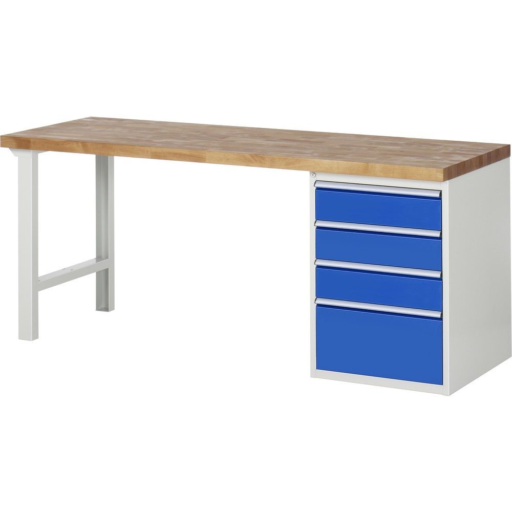 RAU Werkbank Serie 7000, 1 Container, HxBxT 890 x 2.000 x 700 mm, 4 x 100%-Auszug-Schubladen 3 x 150, 1 x 270 mm, Schubladen-TK 100 kg