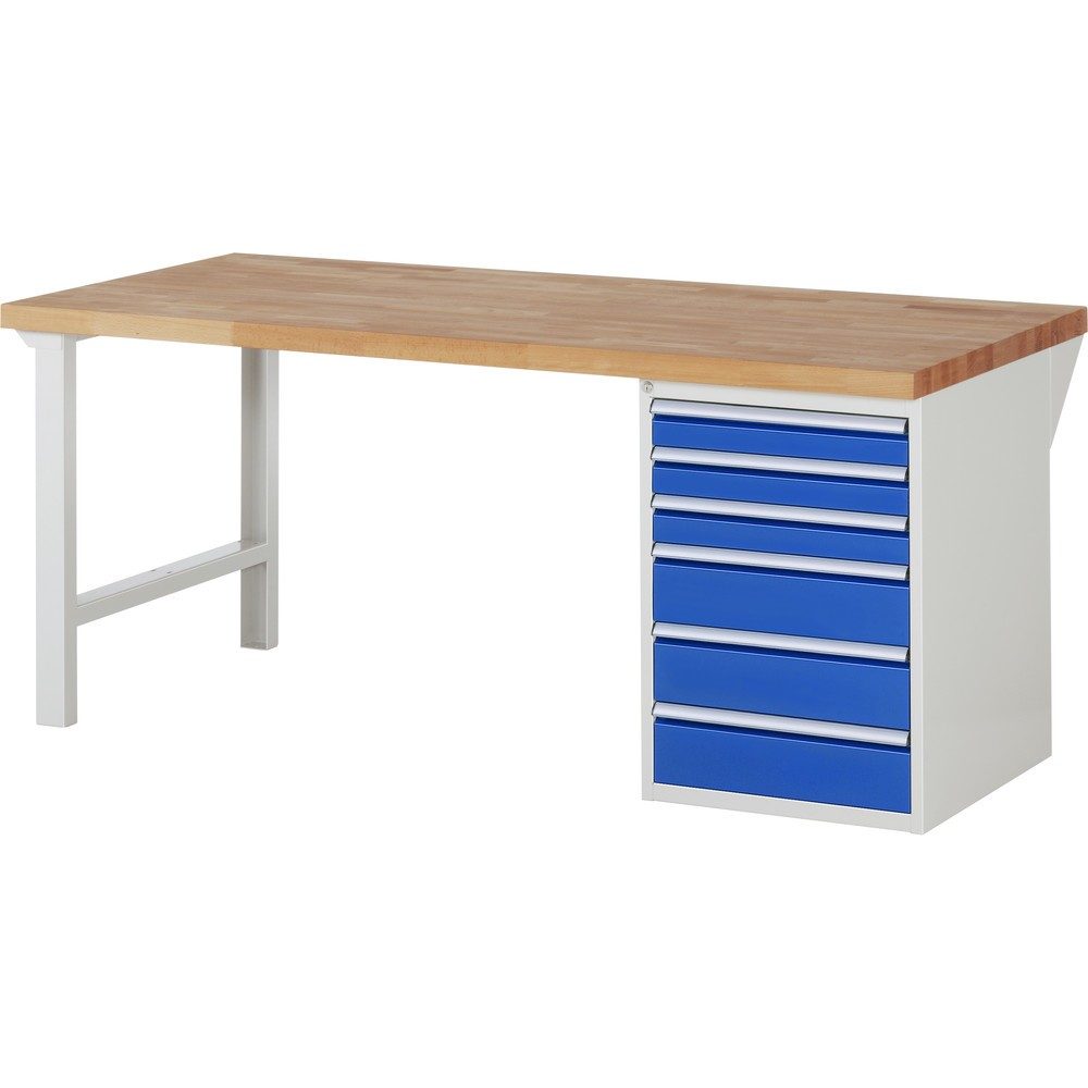 RAU Werkbank Serie 7000, 1 Container, HxBxT 840 x 2.000 x 900 mm, 6 x 90%-Auszug-Schubladen 3 x 90, 3 x 150 mm, Schubladen-TK 100 kg