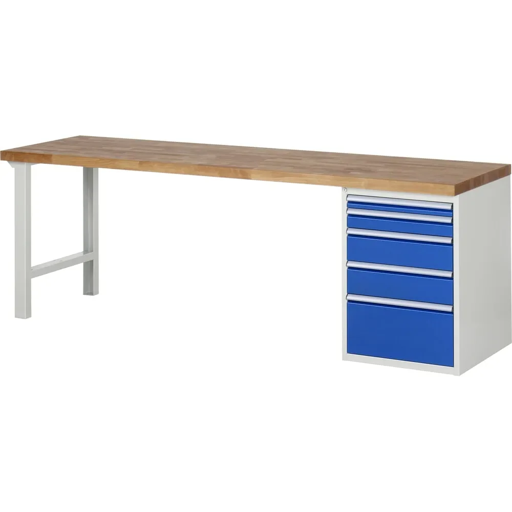 RAU Werkbank Serie 7000, 1 Container, HxBxT 890 x 2.500 x 700 mm, 5 x 90%-Auszug-Schubladen 1 x 60, 1 x 90, 2 x 150, 1 x 270 mm, Schubladen-TK 100 kg