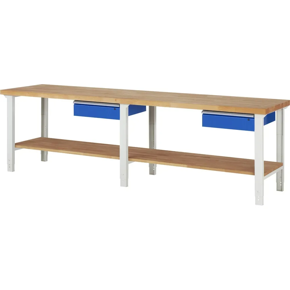 RAU Werkbank Serie 7000, HxBxT 790-1.140 x 3.000 x 700 mm, 1 Ablageboden, 2 Schubladen, ErgoScript