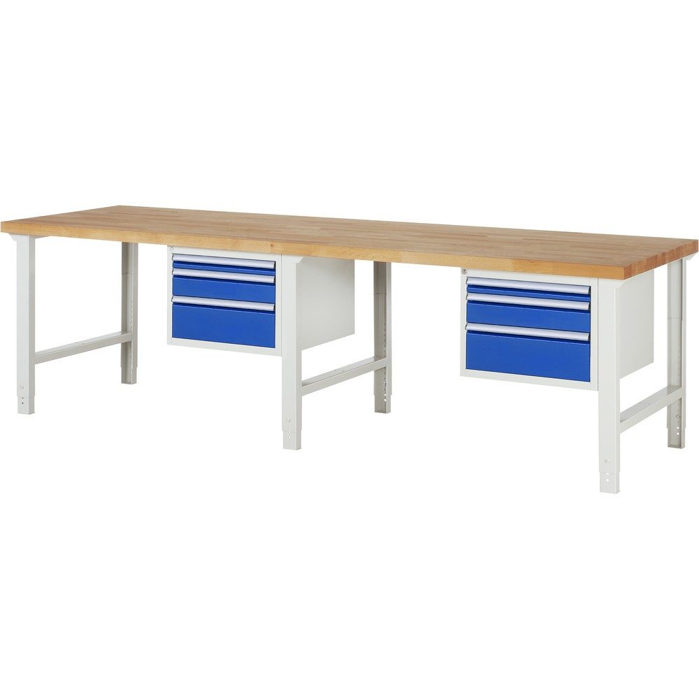 RAU Werkbank Serie 7000, 2 Container, HxBxT 790-1.140 x 3.000 x 900 mm, 6 x 90%-Auszug-Schubladen 2 x 60 mm, 2 x 120 mm, 2 x 180 mm