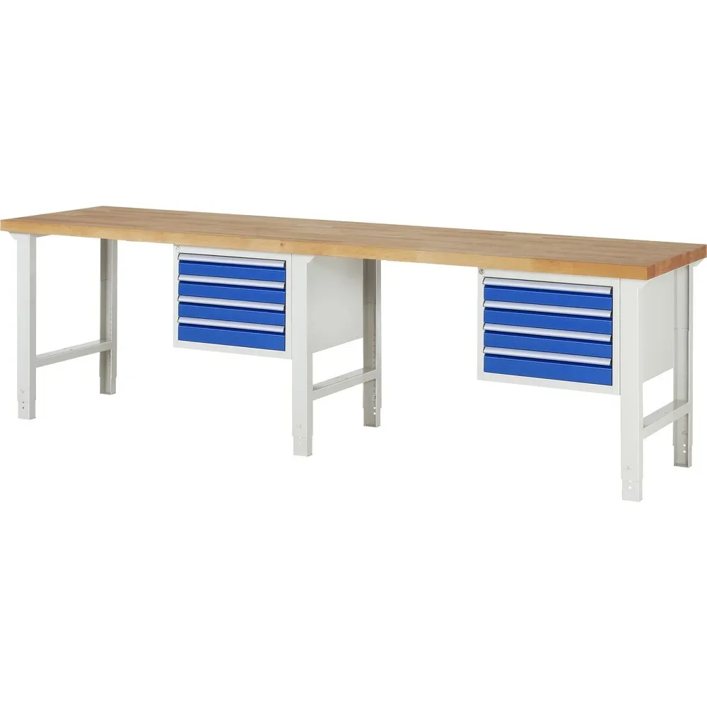 RAU Werkbank Serie 7000, 2 Container, HxBxT 790-1.140 x 3.000 x 700 mm, 8 x 100%-Auszug-Schubladen 8 x 90 mm