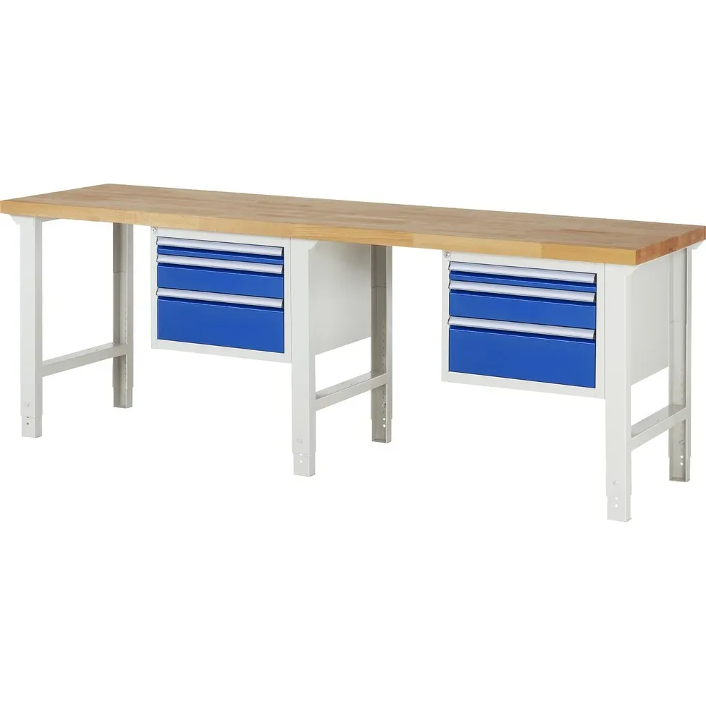 RAU Werkbank Serie 7000, 2 Container, HxBxT 790-1.140 x 2.500 x 700 mm, 6 x 100%-Auszug-Schubladen 2 x 60 mm, 2 x 120 mm, 2 x 180 mm