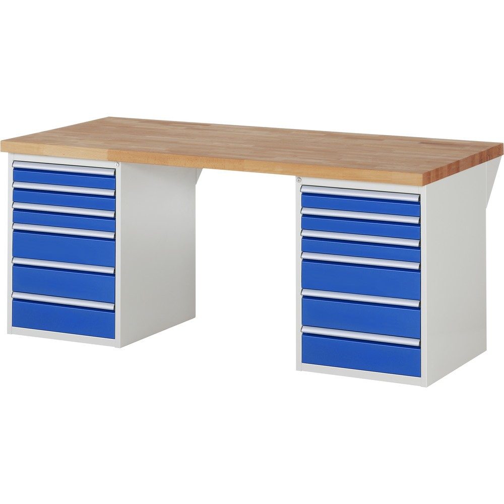 RAU Werkbank Serie 7000, 2 Container, HxBxT 840 x 2.000 x 900 mm, 12 x 100%-Auszug-Schubladen 6 x 90 mm, 6 x 150 mm