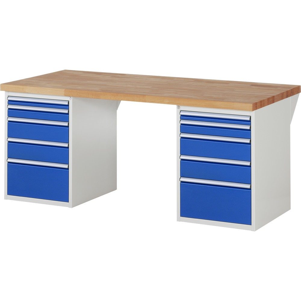 RAU Werkbank Serie 7000, 2 Container, HxBxT 890 x 2.000 x 900 mm, 10 x 90%-Auszug-Schubladen 2 x 60, 2 x 90, 4 x 150, 2 x 270 mm